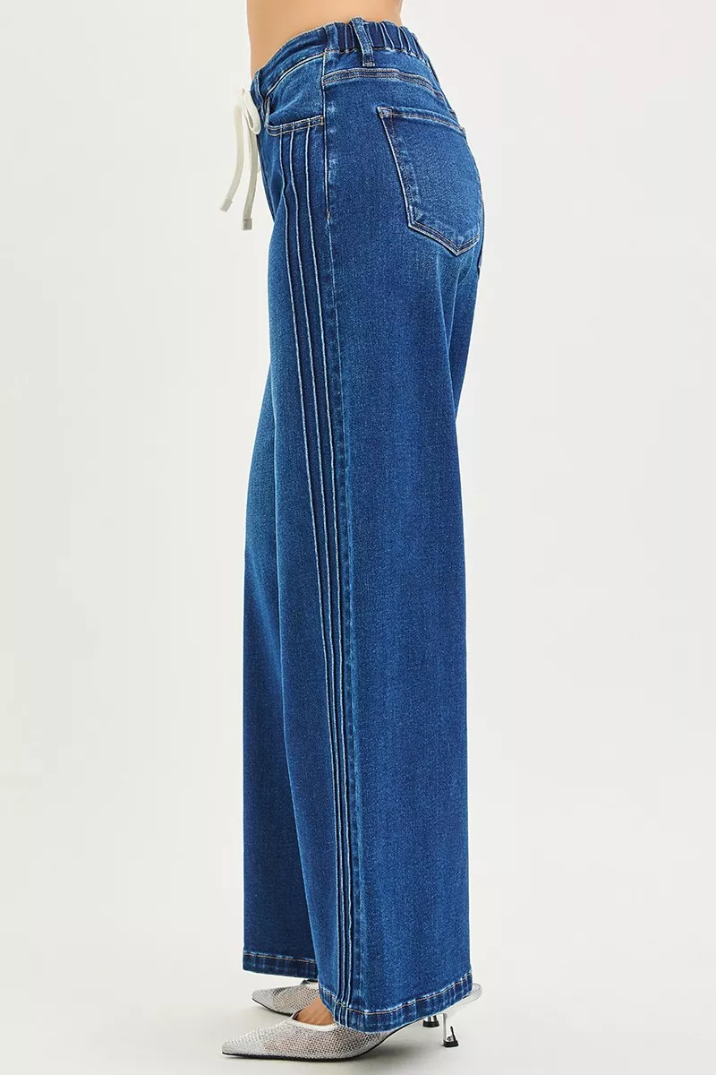 Full Size Mid Rise Wide Side Pintuck Jeans with Front Drawstring Plus Size, image 2