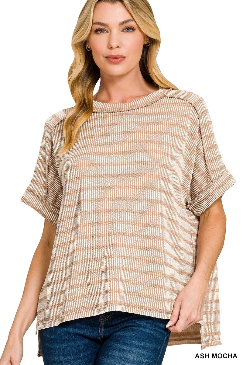 Raised Rib Striped Exposed Seam Top