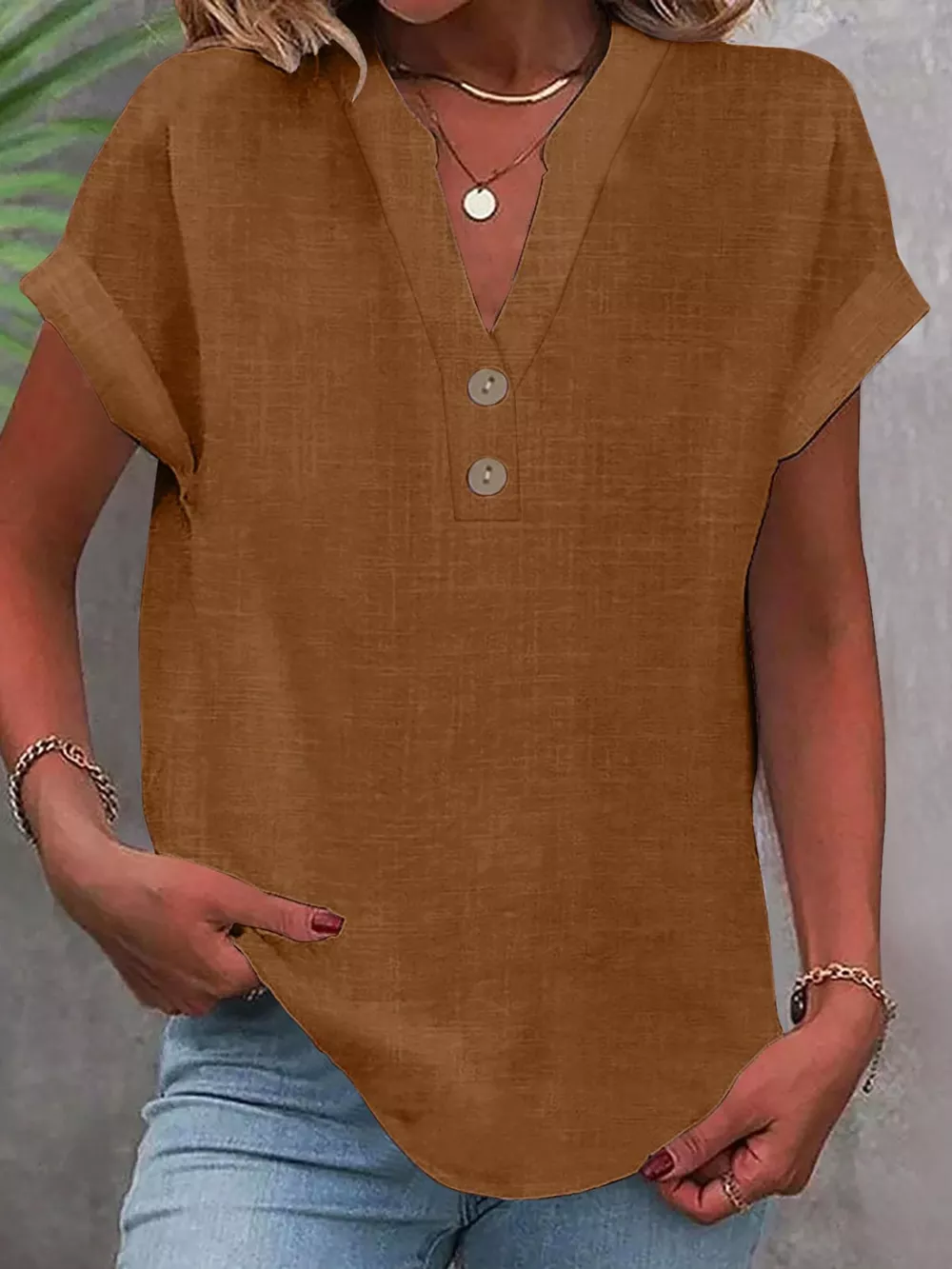 Full Size Button Detail Short Sleeve Blouse Plus Size, image 71