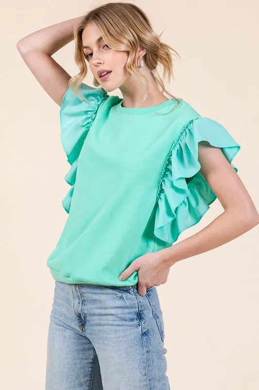 Solid Shoulder Ruffle Detail Round Neck Top, image 7