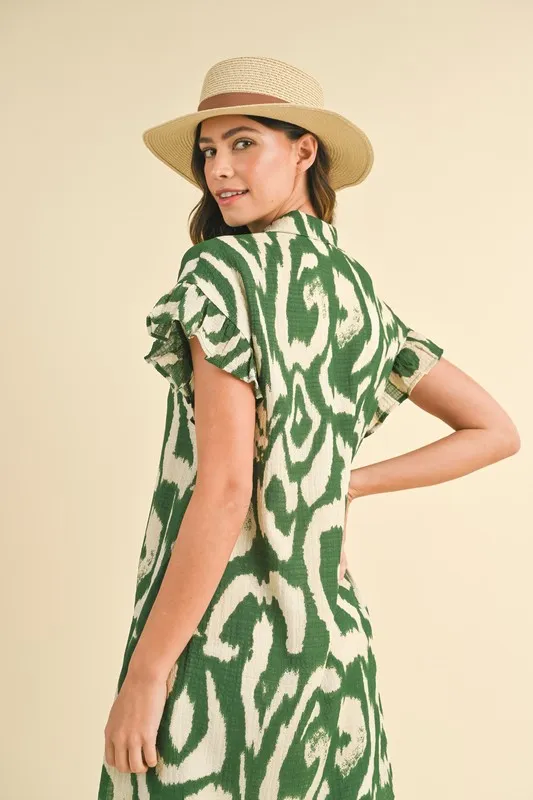 Abstract Printed Frill Sleeve Shirt Mini Dress, image 3