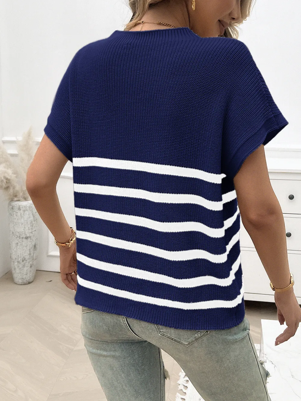 Striped Round Neck Short Sleeve Sweater, image 7