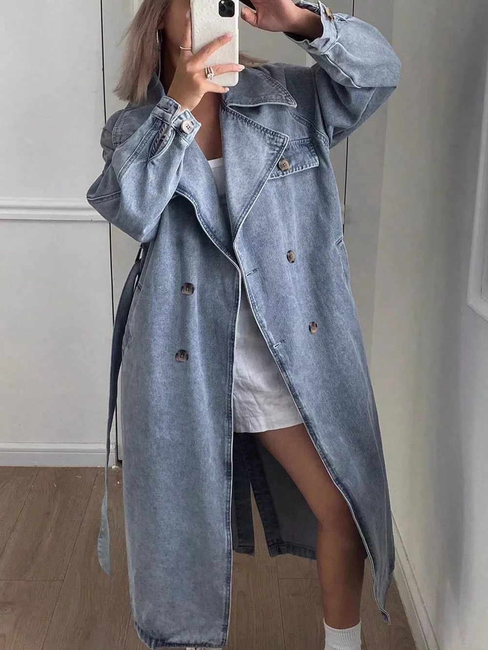 Vintage Washed Longline Denim Trench Jacket, image 3