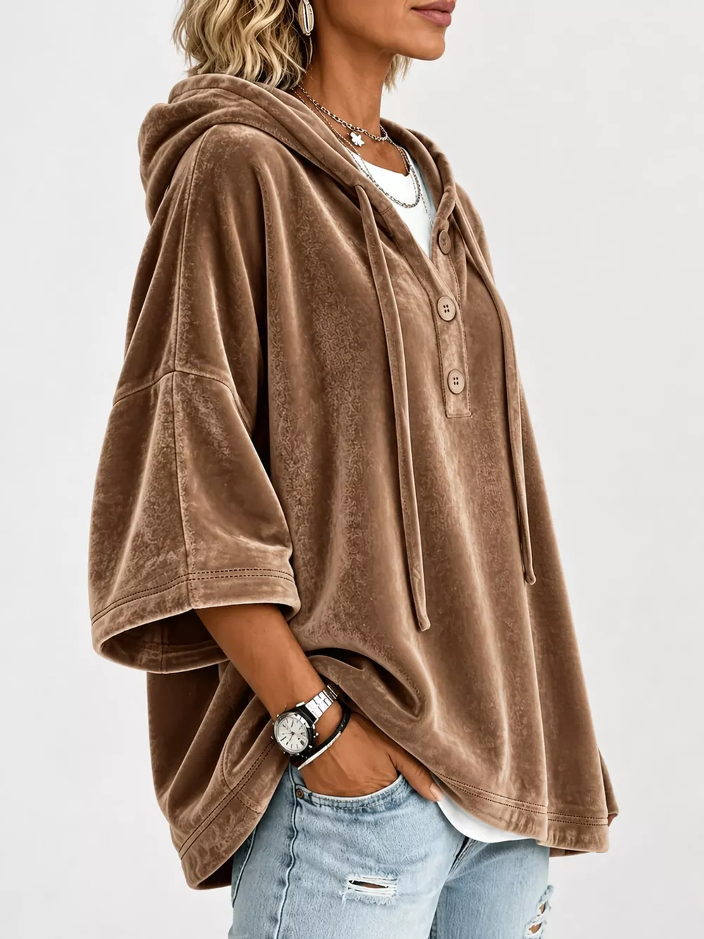 Full Size Velvet Button Detail Hoodie Plus Size, image 25