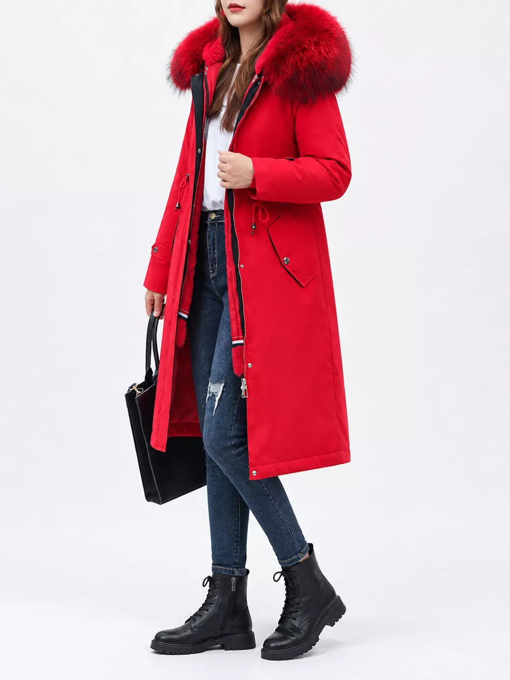 Plus Size Detachable Longline Hooded Parka with Faux Fur Trim and Drawstring Waist, image 35