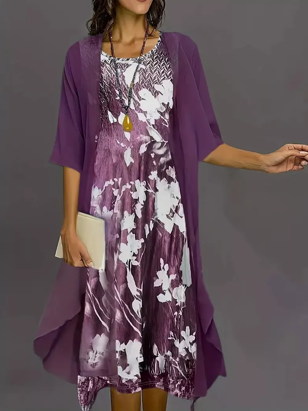 Full Size Floral Print Midi Dress and Chiffon Cardigan Set Plus Size, image 17