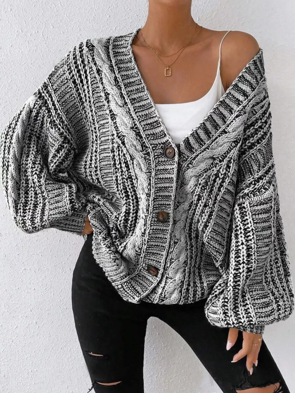 Chunky Cable Knit Button-Down Cardigan, image 2