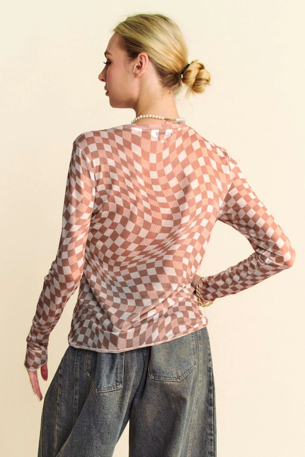Checker Board Mesh Long Sleeve Layering Top, image 3