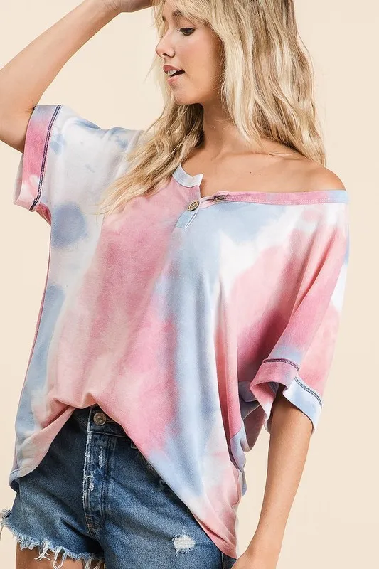 Tie Dye French Terry Top With Buttoned Placket, image 2
