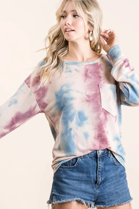 Tie Dye Print Terry Top With Front Patch Pocket, image 4