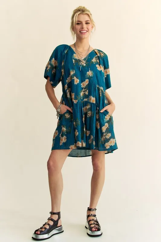 Floral Print Short Bell Sleeve Pleated Mini Dress, image 8