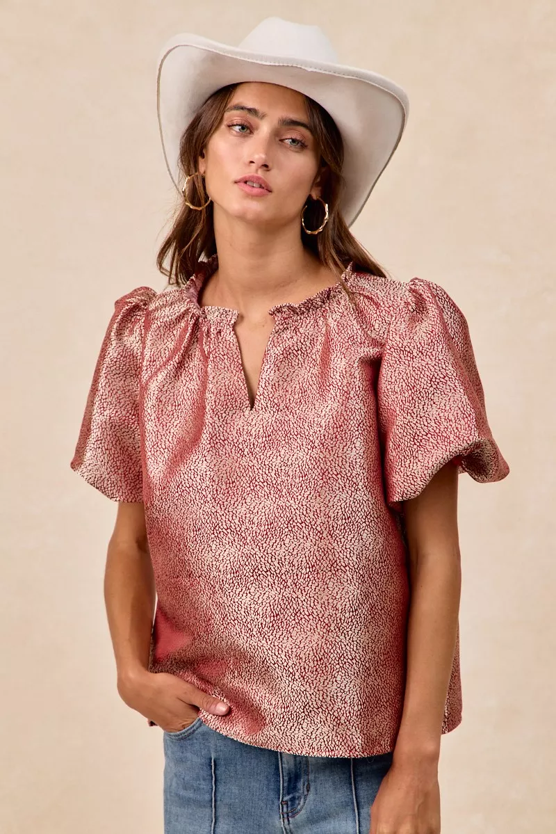 Jacquard Woven Short Balloon Sleeves V Neck Top, image 16