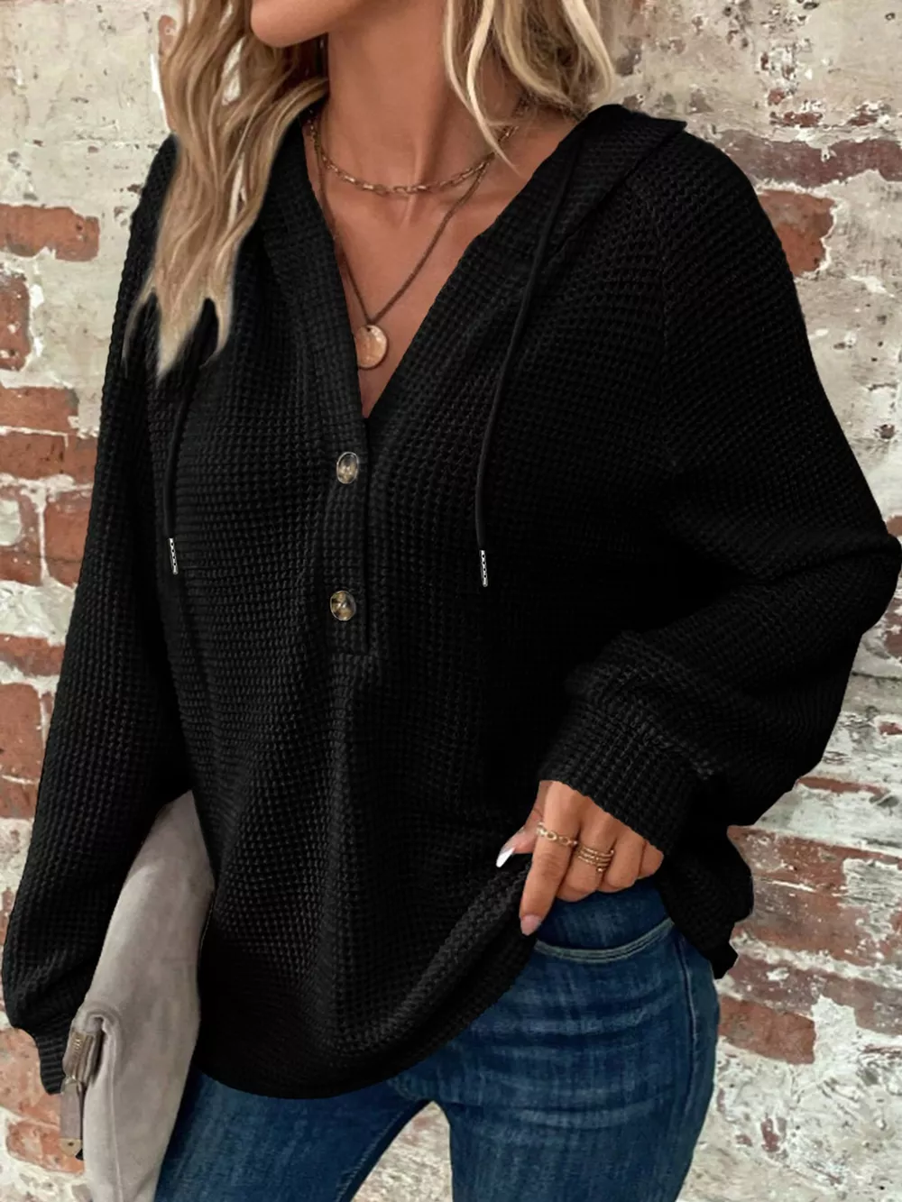 Full Size Waffle Knit Button Detail Hoodie Plus Size, image 24