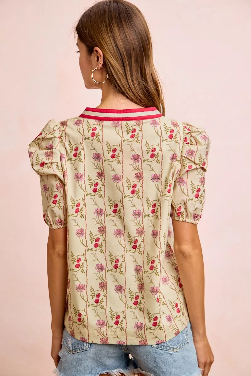 Floral Gather Sleeves Contrast Neckband Blouse Top, image 3