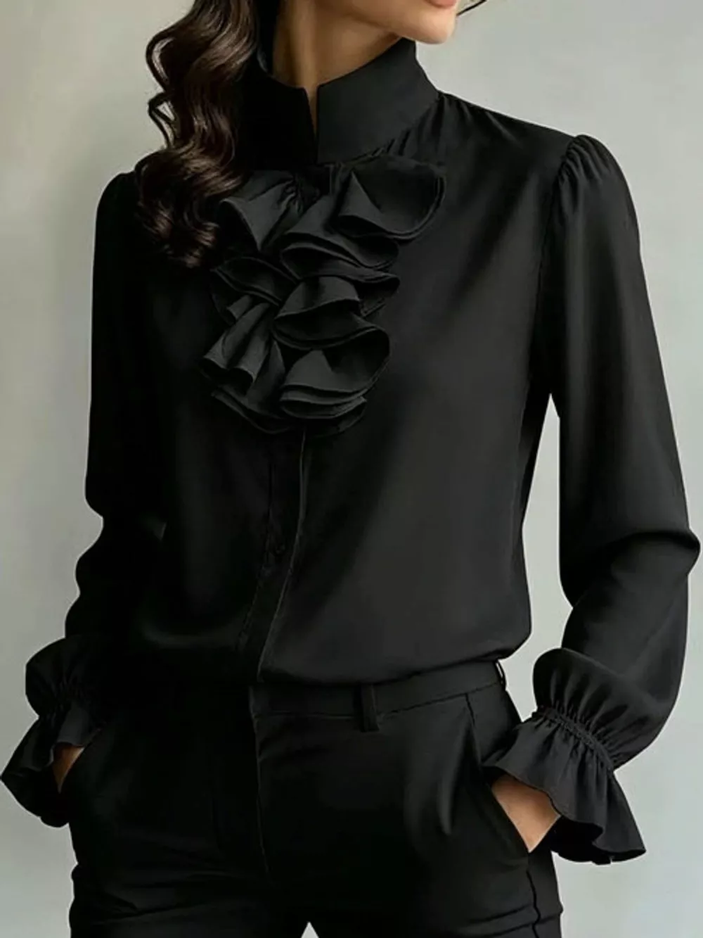 Ruffled Stand-Collar Blouse with Long Lantern Sleeves, image 11