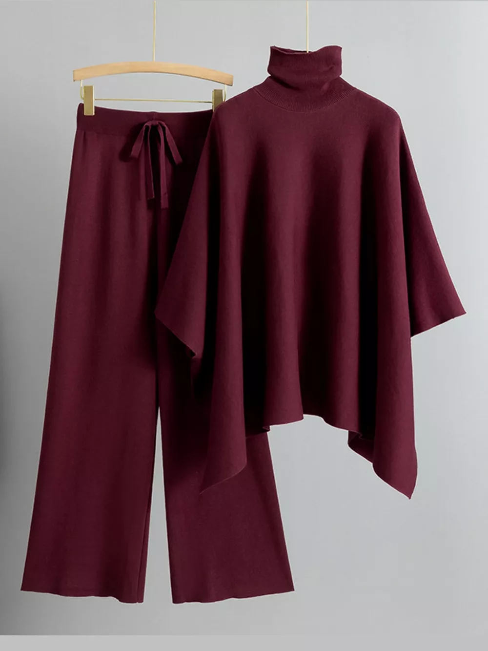Elegant Turtleneck Poncho Sweater and Wide-Leg Knit Pants Set, image 5
