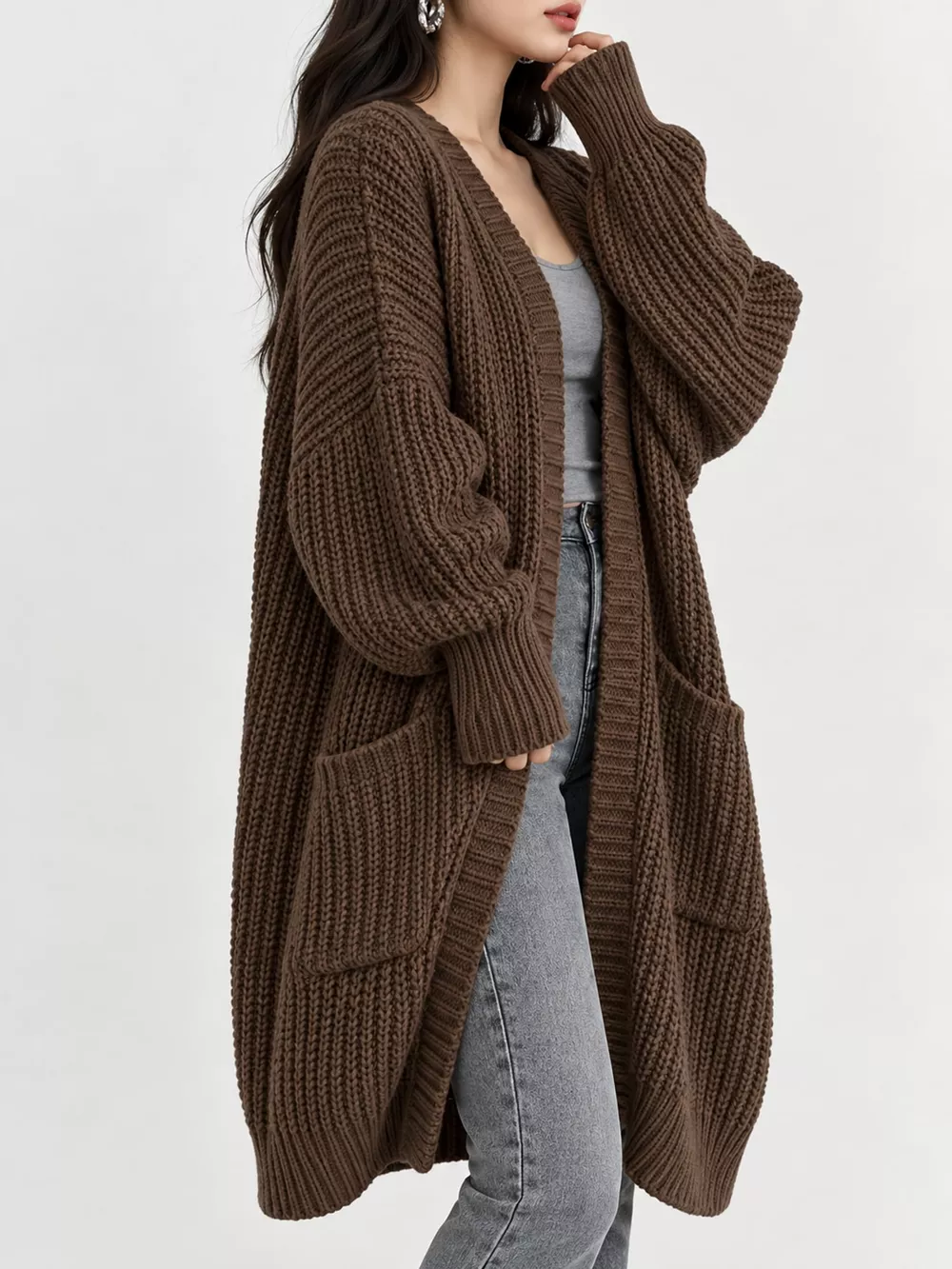 Full Size Chunky Knit Openwork Front Longline Cardigan Plus Size, image 25