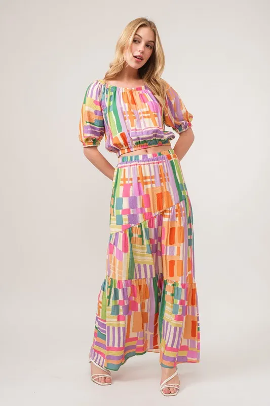 Puff Sleeve Elastic Edges Geo Printed Crop Top, image 9