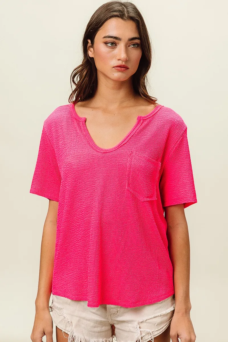 Waved Rib U Neck Top With Front Pocket, image 2