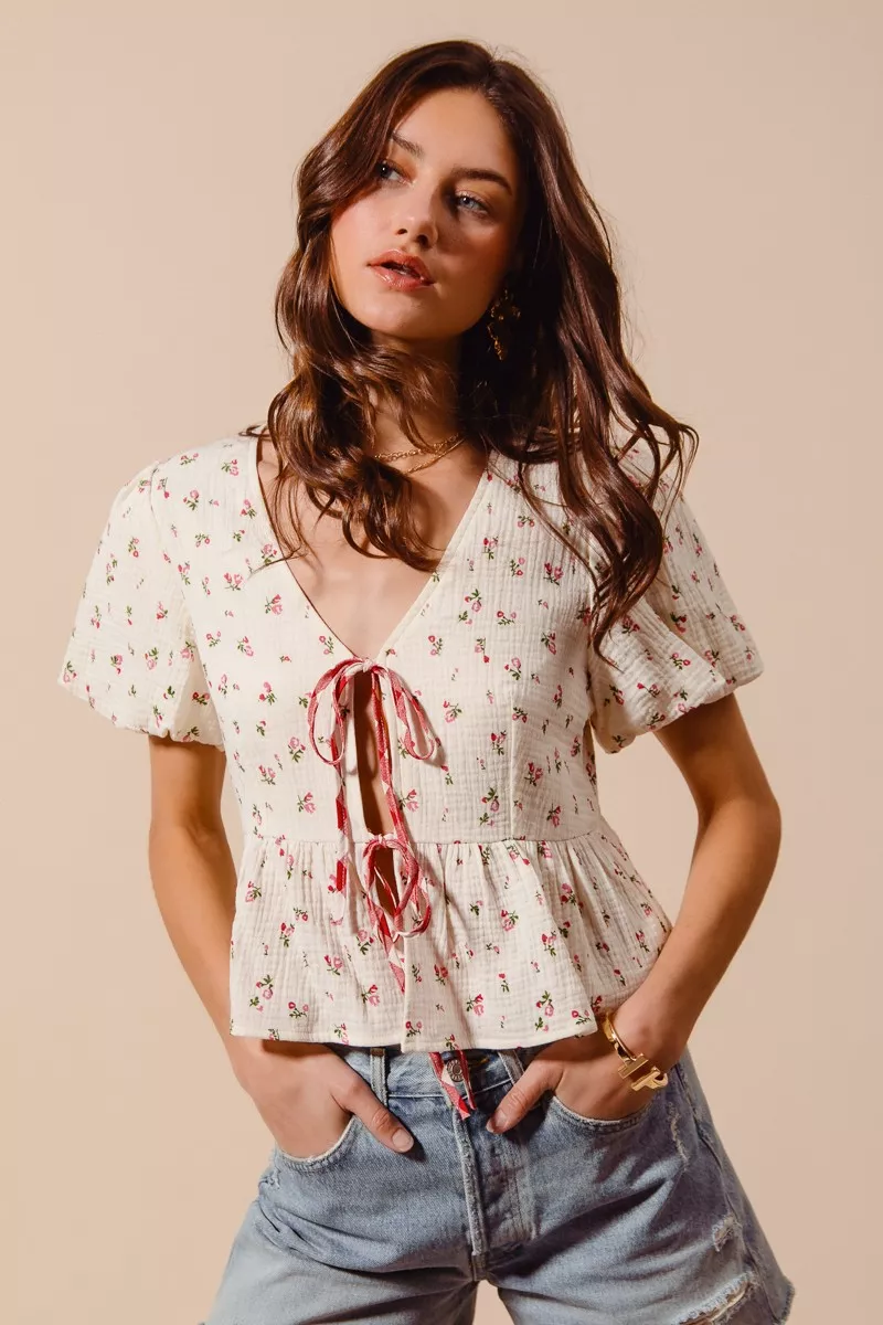 Ditsy Floral Print Gauze Tie-Front Blouse, image 2