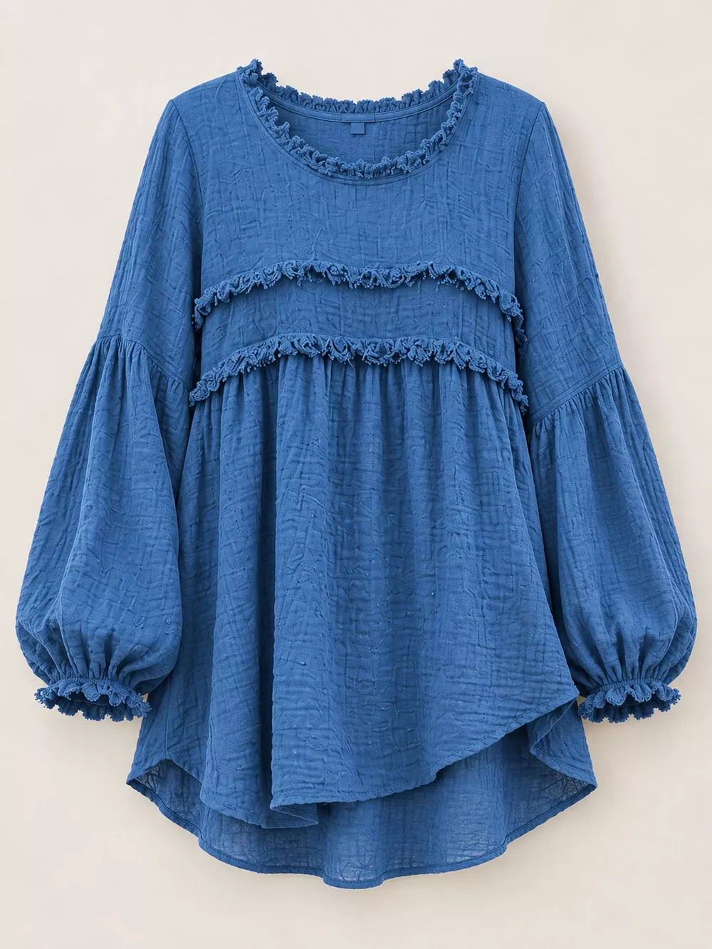 Full Size Boho Chic Textured Frayed Trim Peplum Blouse Plus Size, image 13
