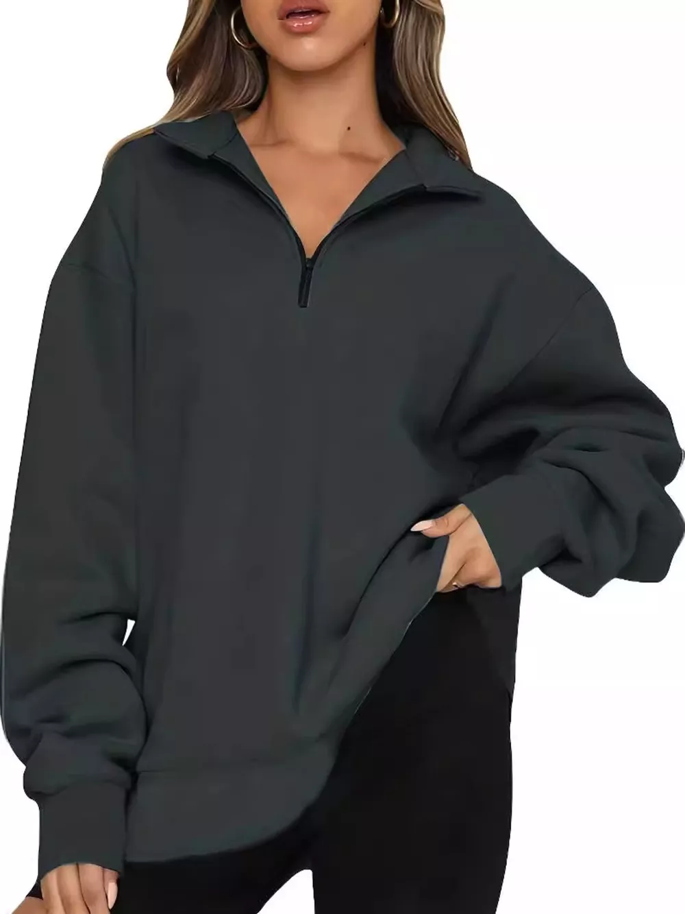 Full Size Quarter-Zip Dropped Shoulder Sweatshirt Plus Size, image 5
