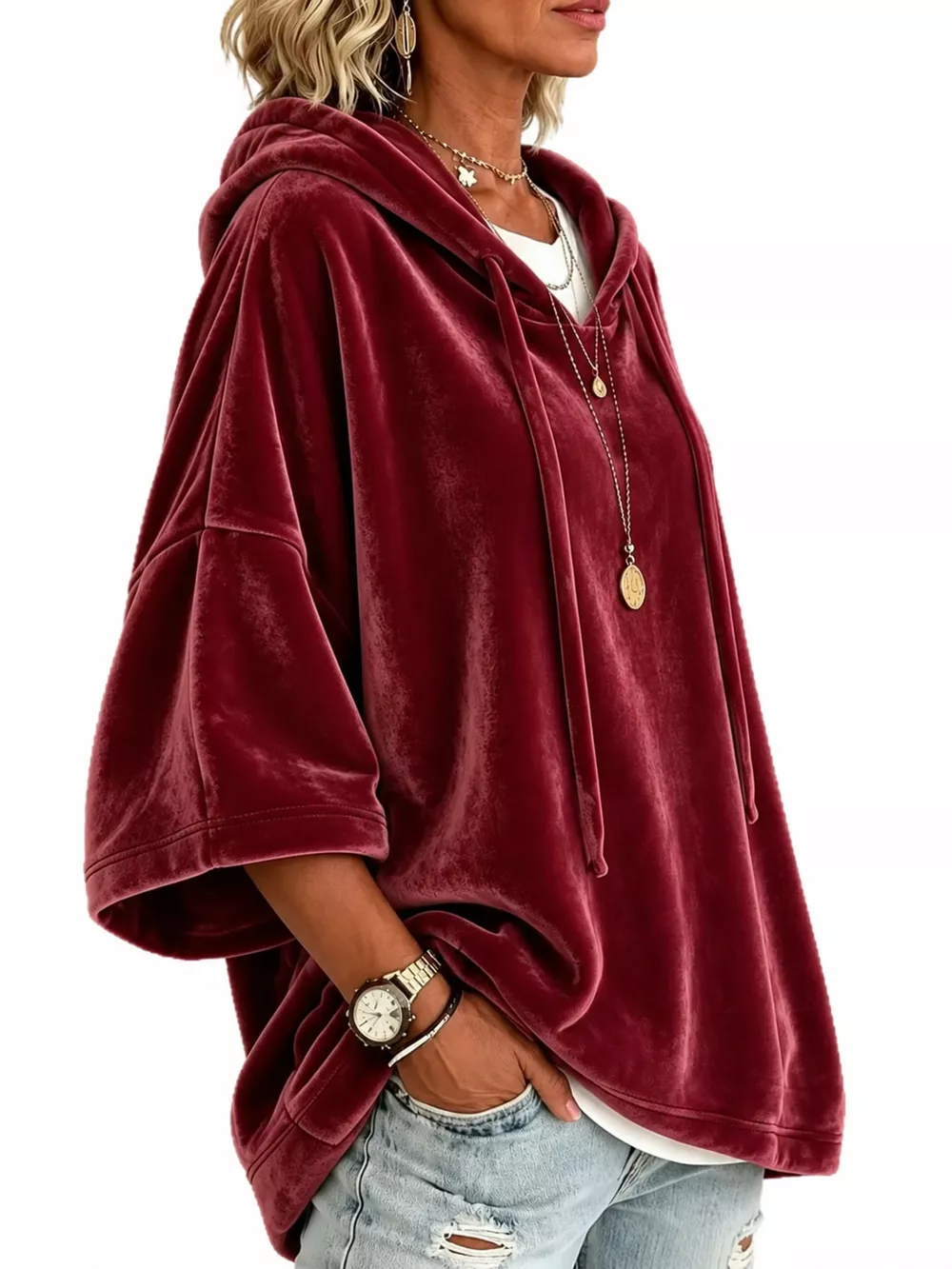 Full Size Velvet Short Sleeve Hoodie Plus Size, image 21