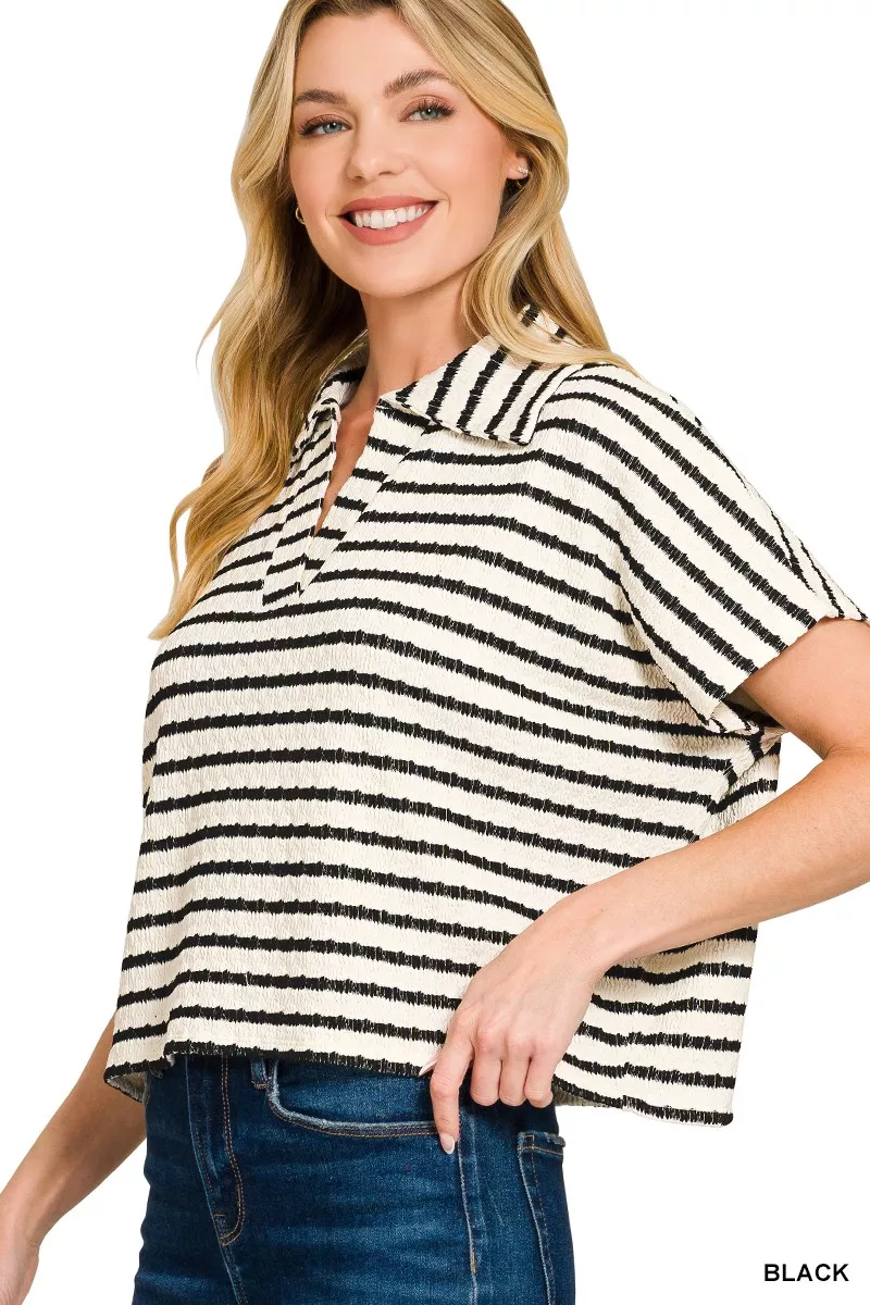 Striped Split Neck Collared Top, image 2