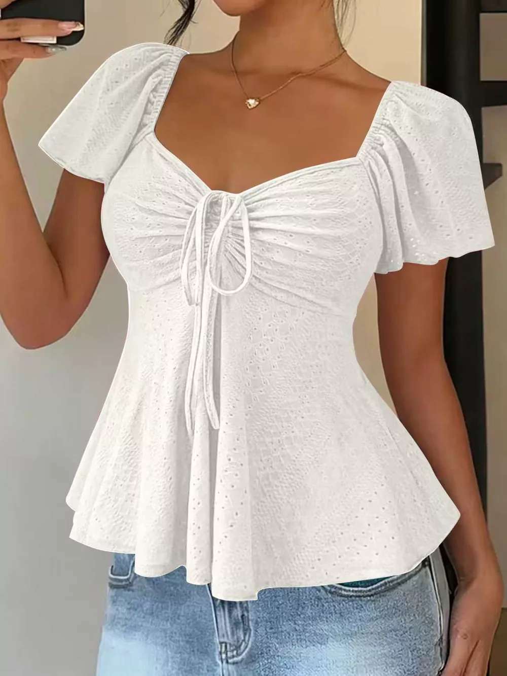Sweetheart Neck Flutter Sleeve Top, image 2