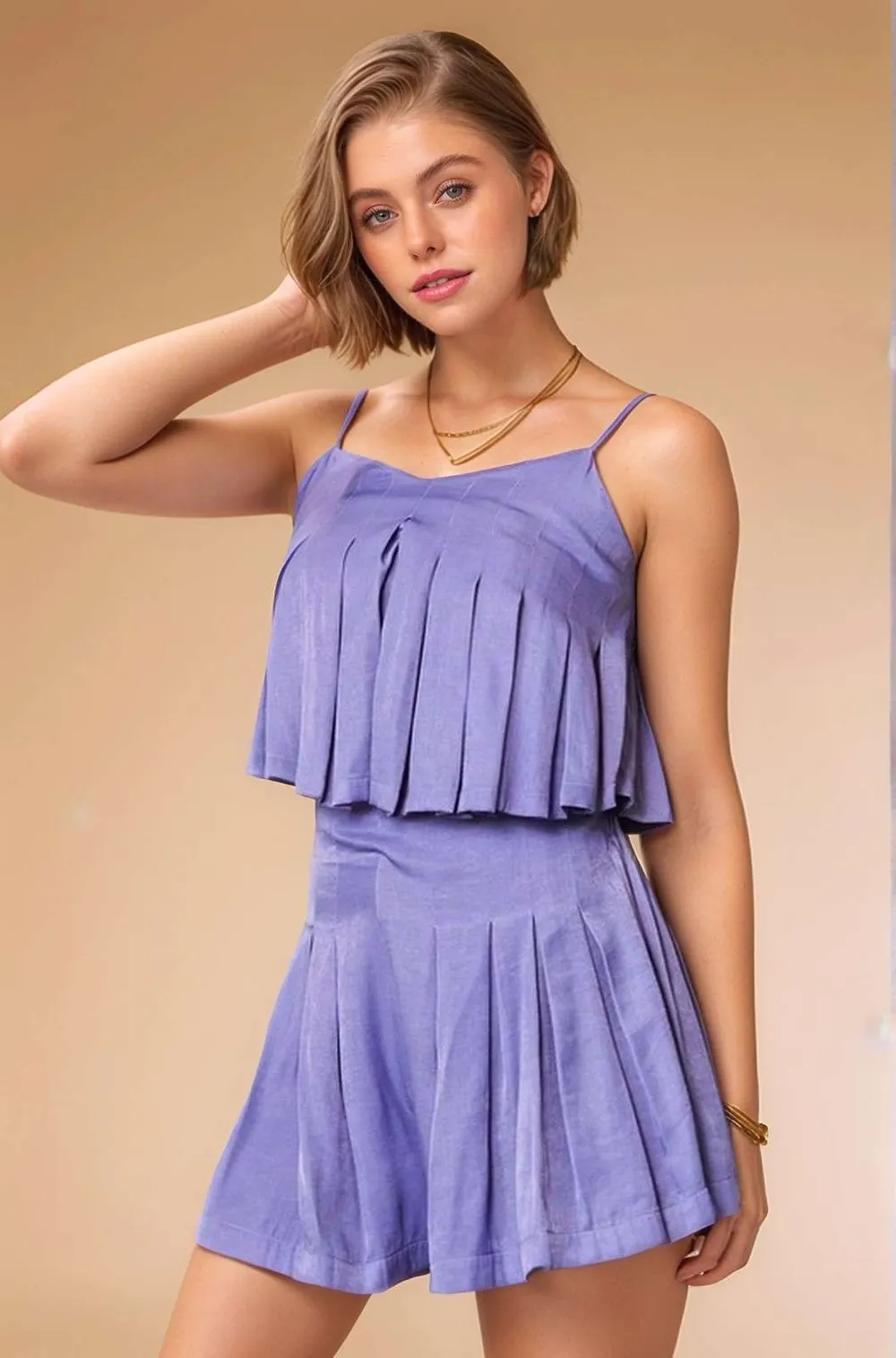 Pleated Body Elastic Back Babydoll Strappy Top, image 2