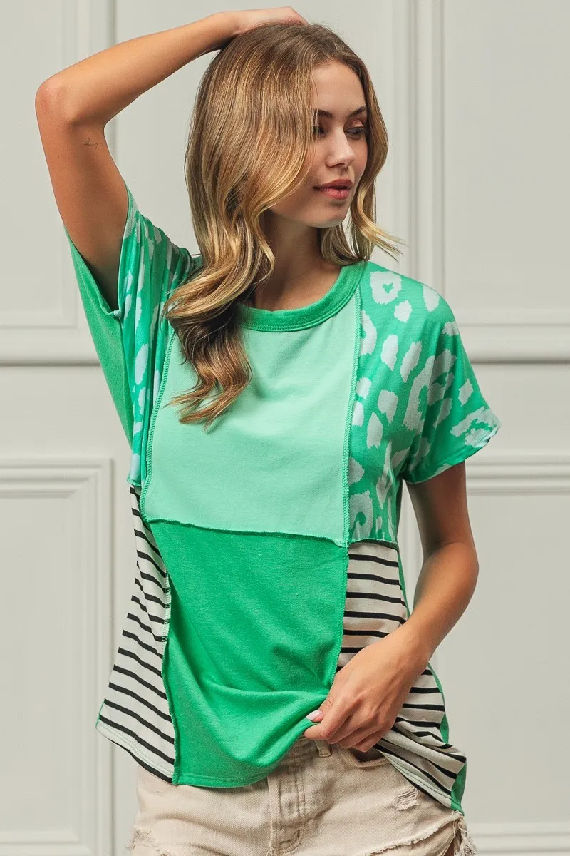 Leopard and Stripe Color Block Top With Exposed Seam, image 2