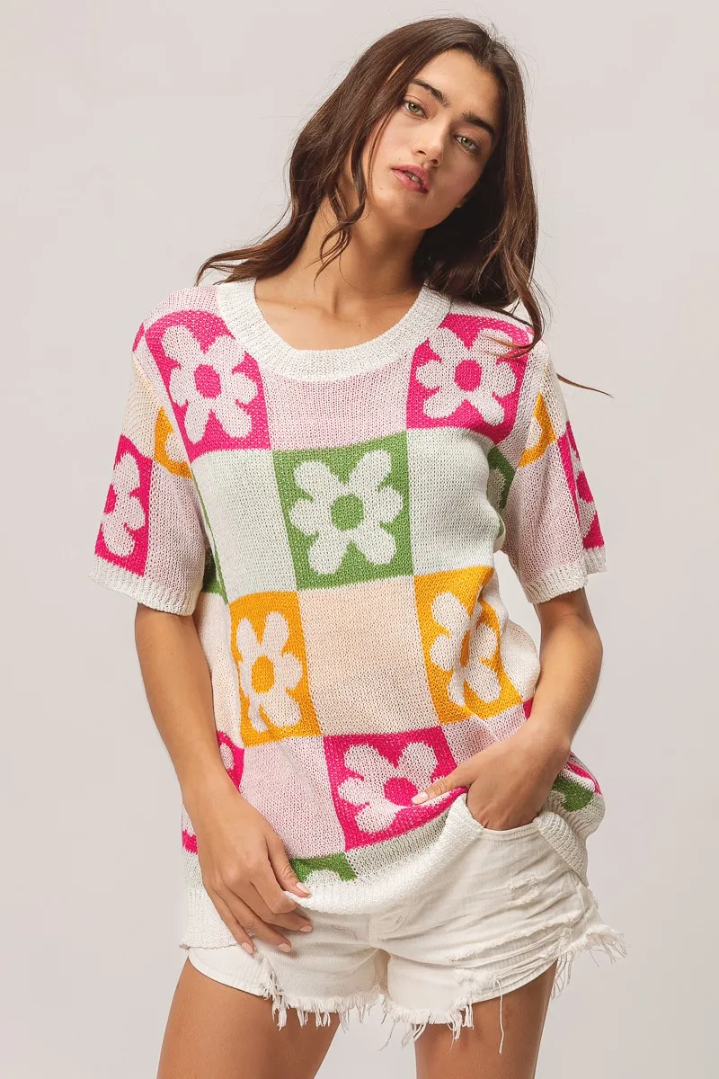Flower Checker Pattern Lightweight Sweater Top, image 2