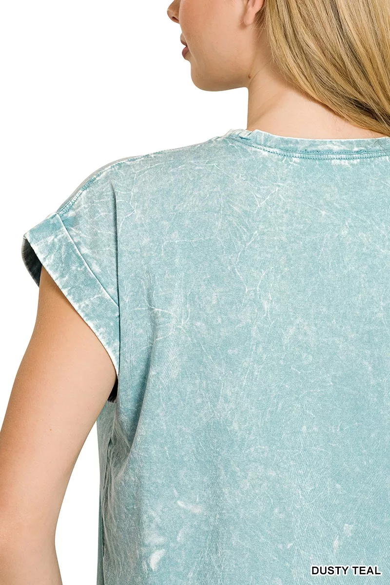 Full Size Crinkle Washed Round Neck Folded Short Sleeve Tee Plus Size, image 3