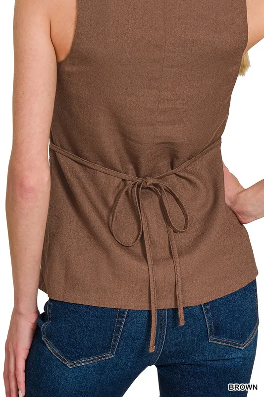 Linen Tie-back 4-button Vest with Lining, image 2