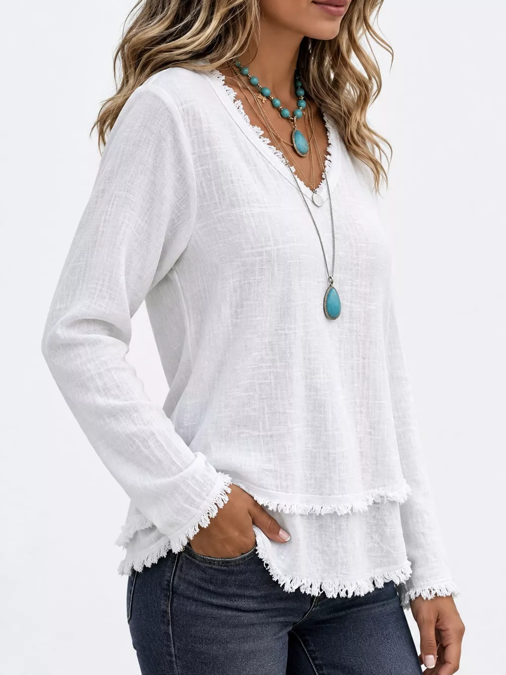 Full Size Frayed Hem V-Neck Long Sleeve Blouse Plus Size, image 17