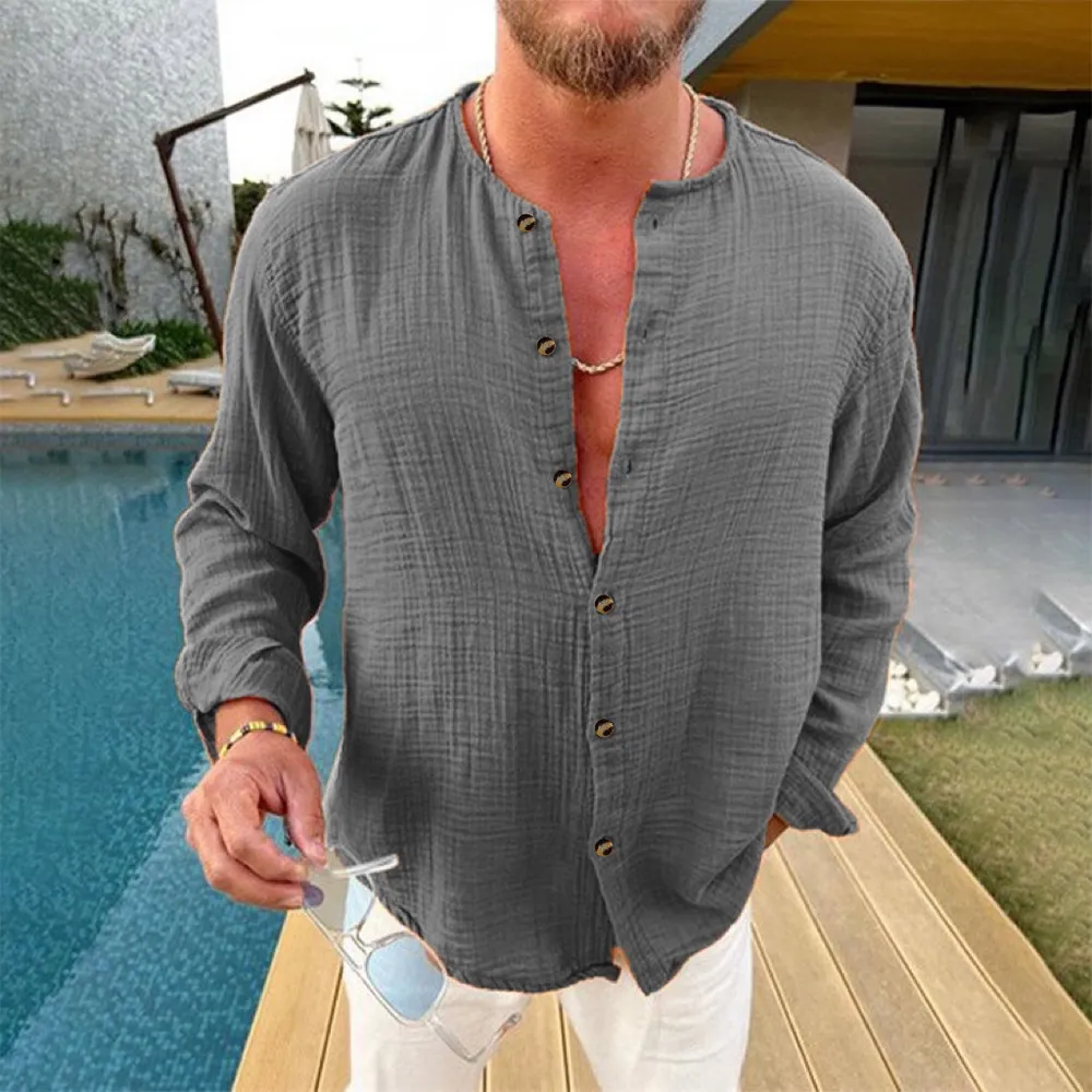 Men's Full Size Linen Button-Down Mandarin Collar Shirt Plus Size, image 3