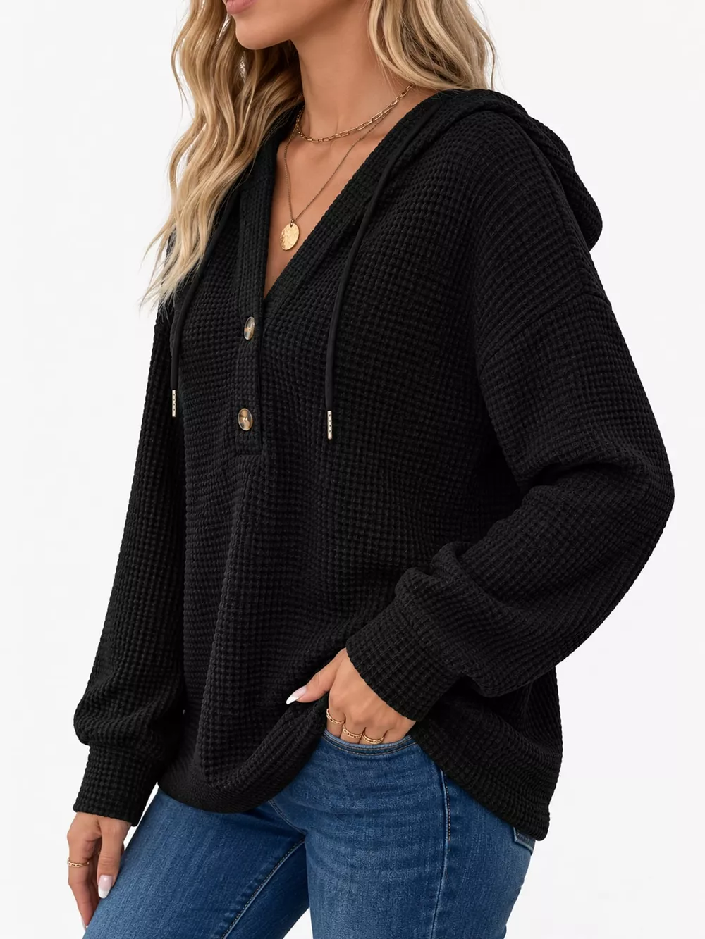 Full Size Waffle Knit Button Detail Hoodie Plus Size, image 28