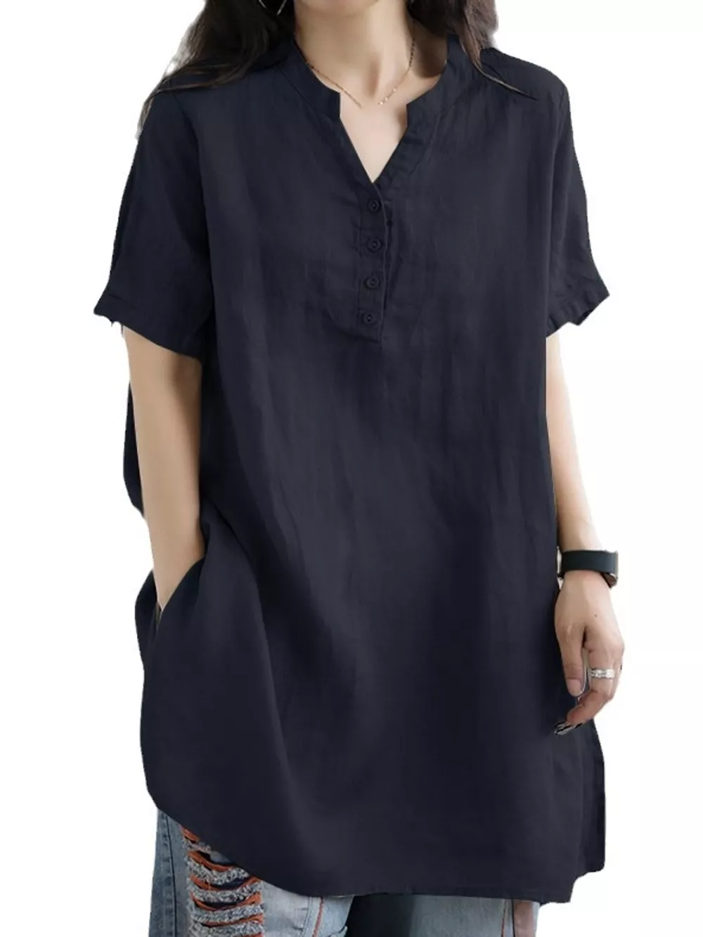 Full Size Notched Short Sleeve Oversize Blouse Plus Size, image 11
