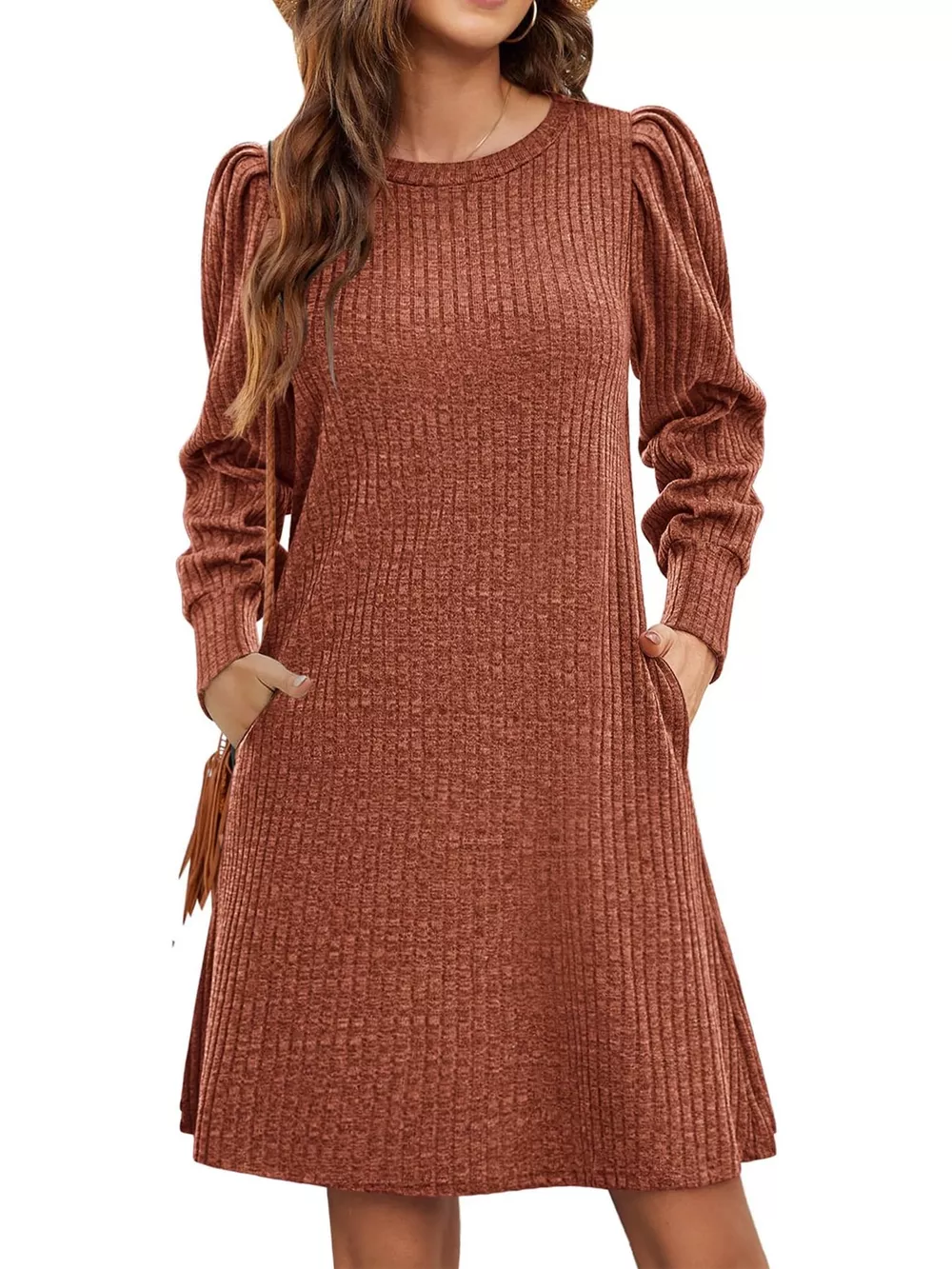 Puff Sleeve Ribbed Knit Dress with Pockets, image 5