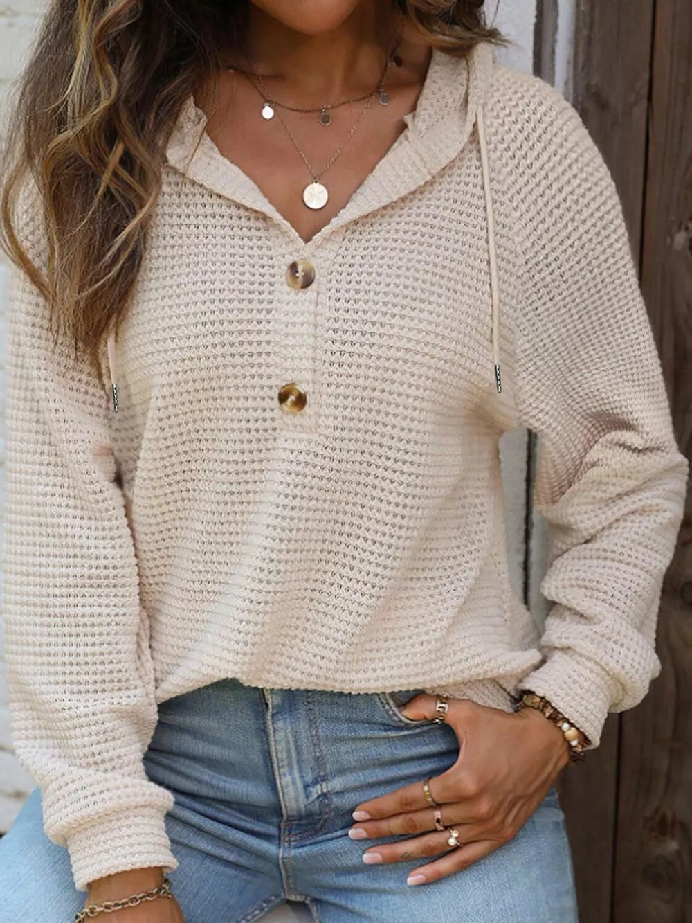 Full Size Waffle Knit Button Detail Hoodie Plus Size, image 3