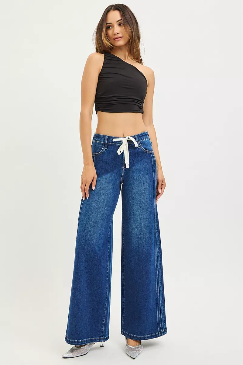 Full Size Mid Rise Wide Side Pintuck Jeans with Front Drawstring Plus Size, image 3