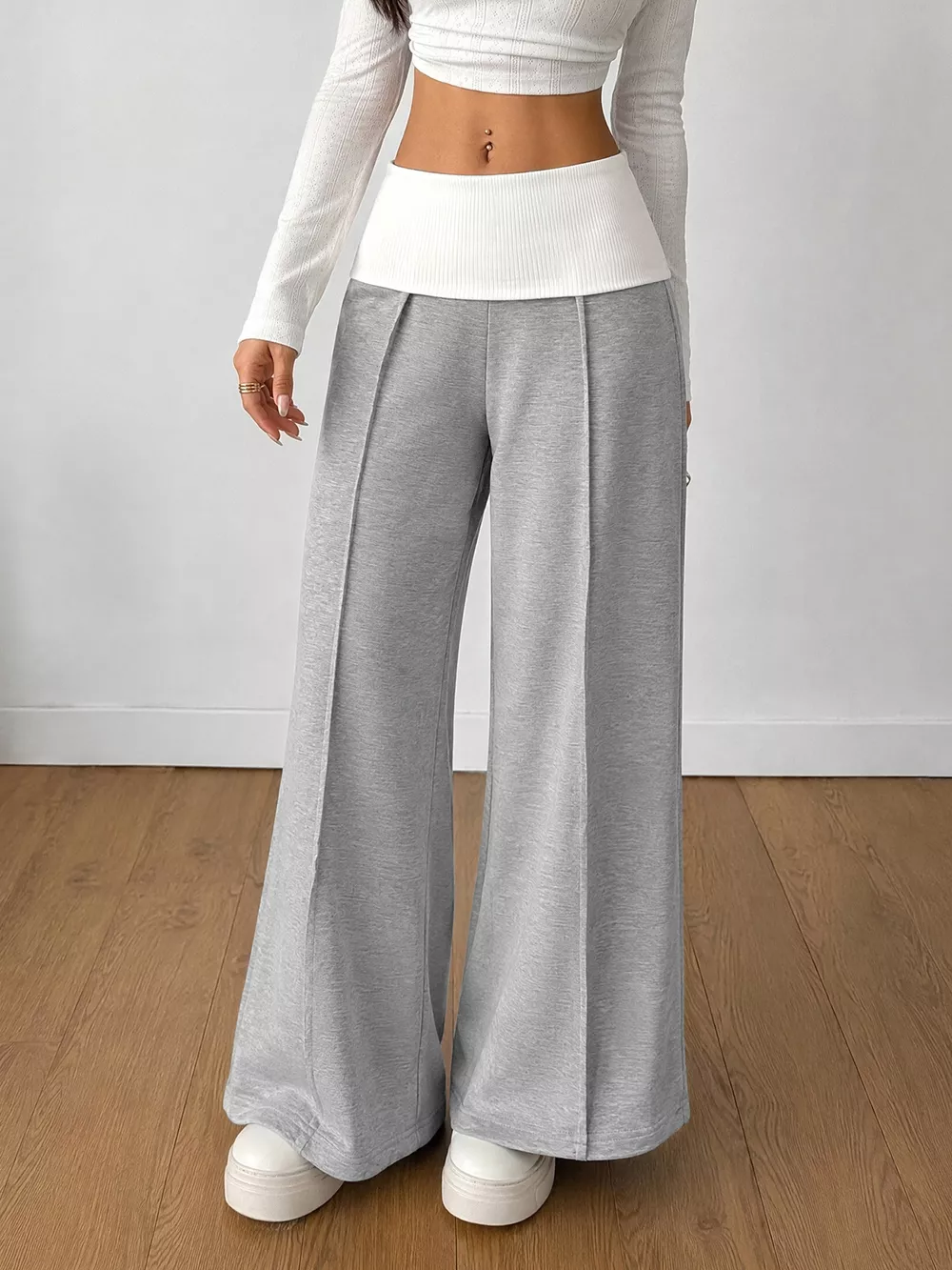 High-Waisted Wide-Leg Contrast Pants, image 3