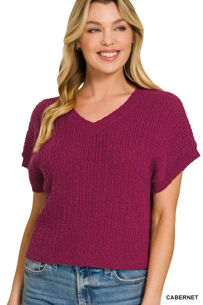 Textured Knit V-Neck Cropped Sweater, image 2