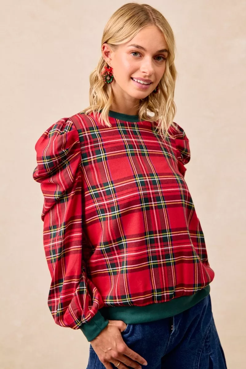 Christmas Plaid Exaggerated Shoulder Sleeves Top, image 3