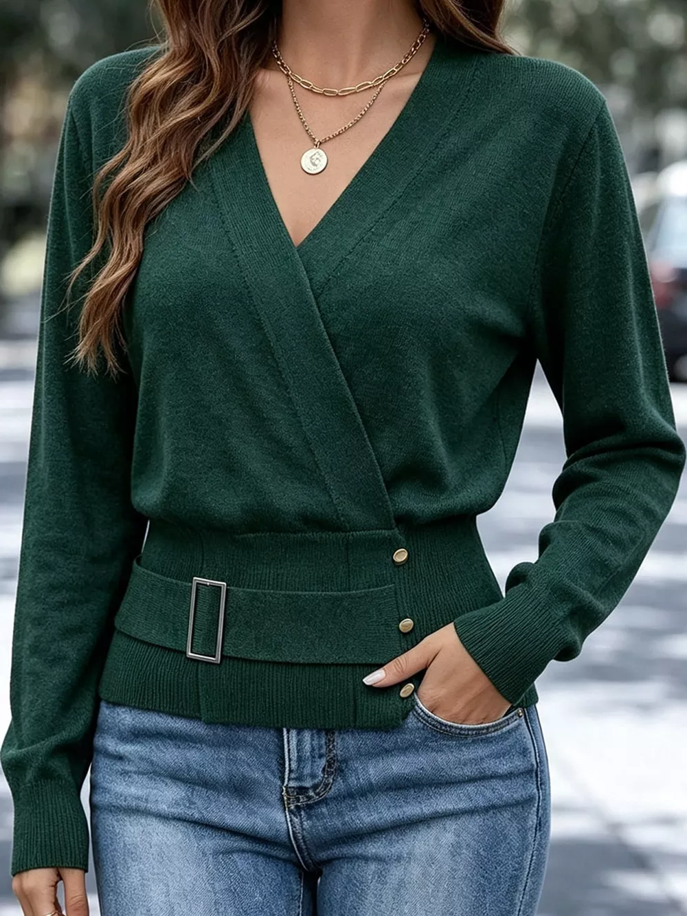 Surplice Elastic Waist Long Sleeve Knit Top, image 15
