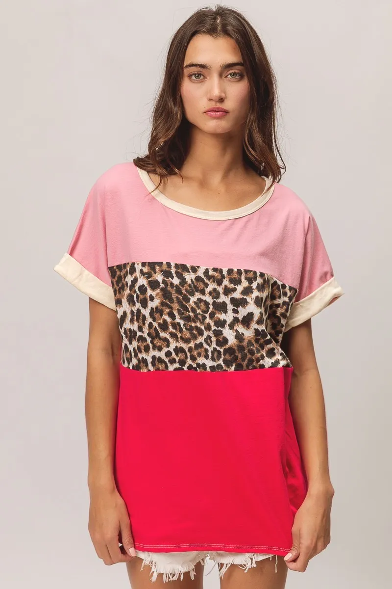 Leopard Printed Jersey Color Block Roll Up, image 3
