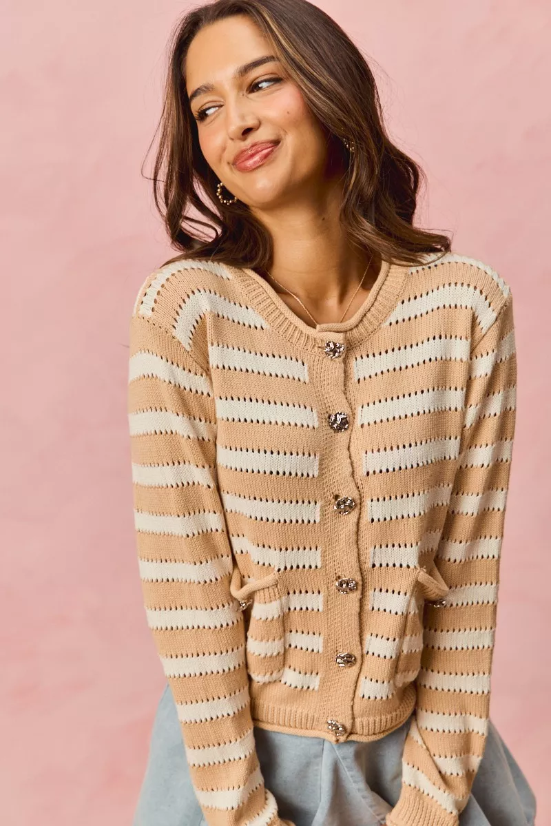 Stripe Long Sleeves Button Sweater Cardigan, image 7