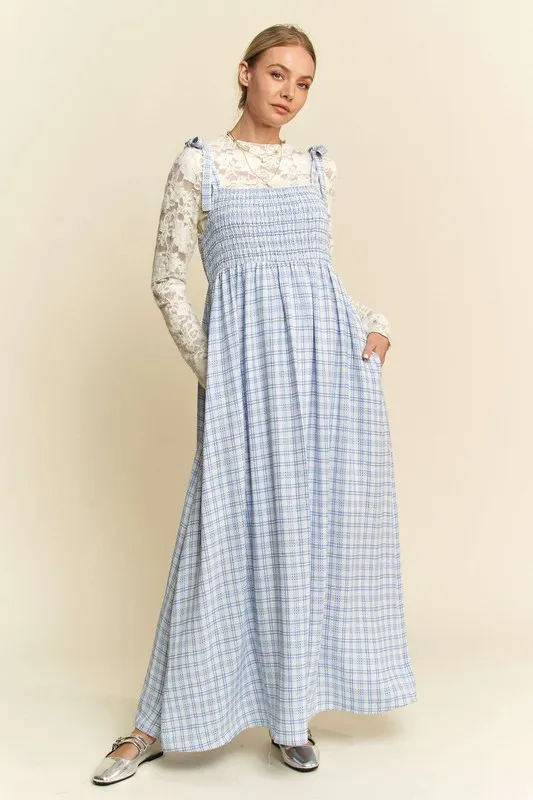 Plaid Smocking Sleeveless Maxi Dress