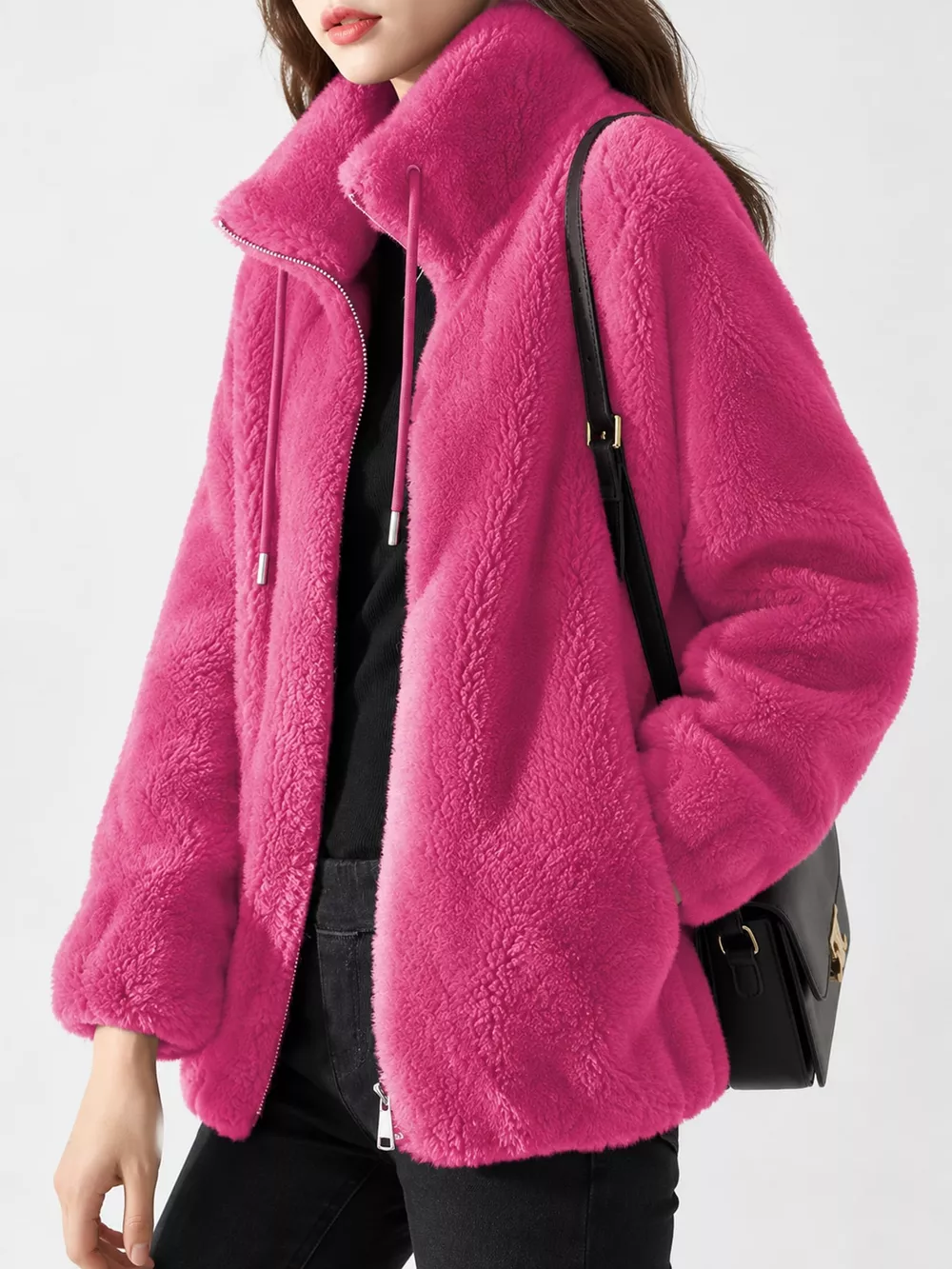 Full Size Drawstring Faux Fur Stand-Collar Zip-Up Outerwear Plus Size, image 36