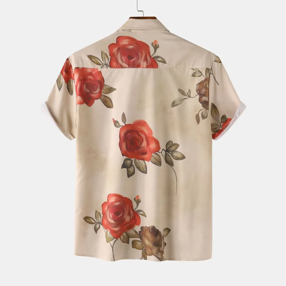 Men's Rose Print Short Sleeve Button Down Shirt, image 2